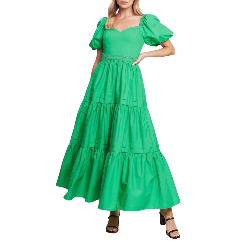 Flying Tomato Green Puff Sleeve Tiered Maxi Dress Sweetheart Neck Womens Large